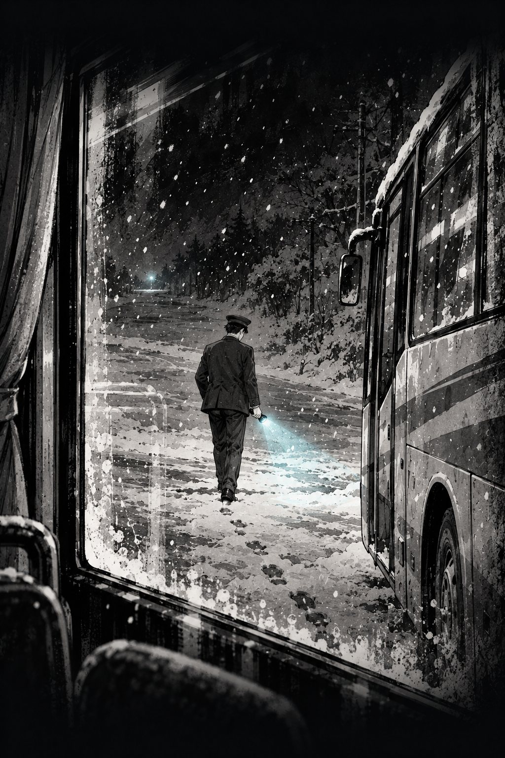 写真の中の一枚。夜の窓越しに、雪の中を、制服の運転手が懐中電灯を持って前へ歩いていく。後ろに足跡が続き、ずっと先に小さな橙色の明かり。