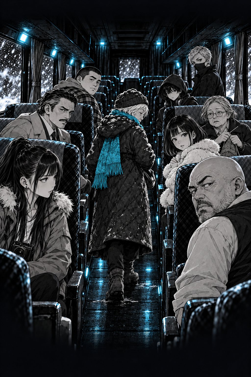 橙色の読書灯がぽつぽつ灯る車内。雪にまみれた老婦人が、通路をまっすぐ最後列へ歩いていく。