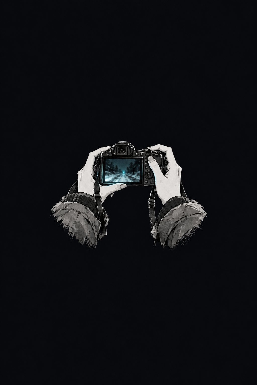 カメラの画面に、雪の夜の写真が大きく映る。ずっと先の暗闇に、小さな橙色の明かりが一つ。