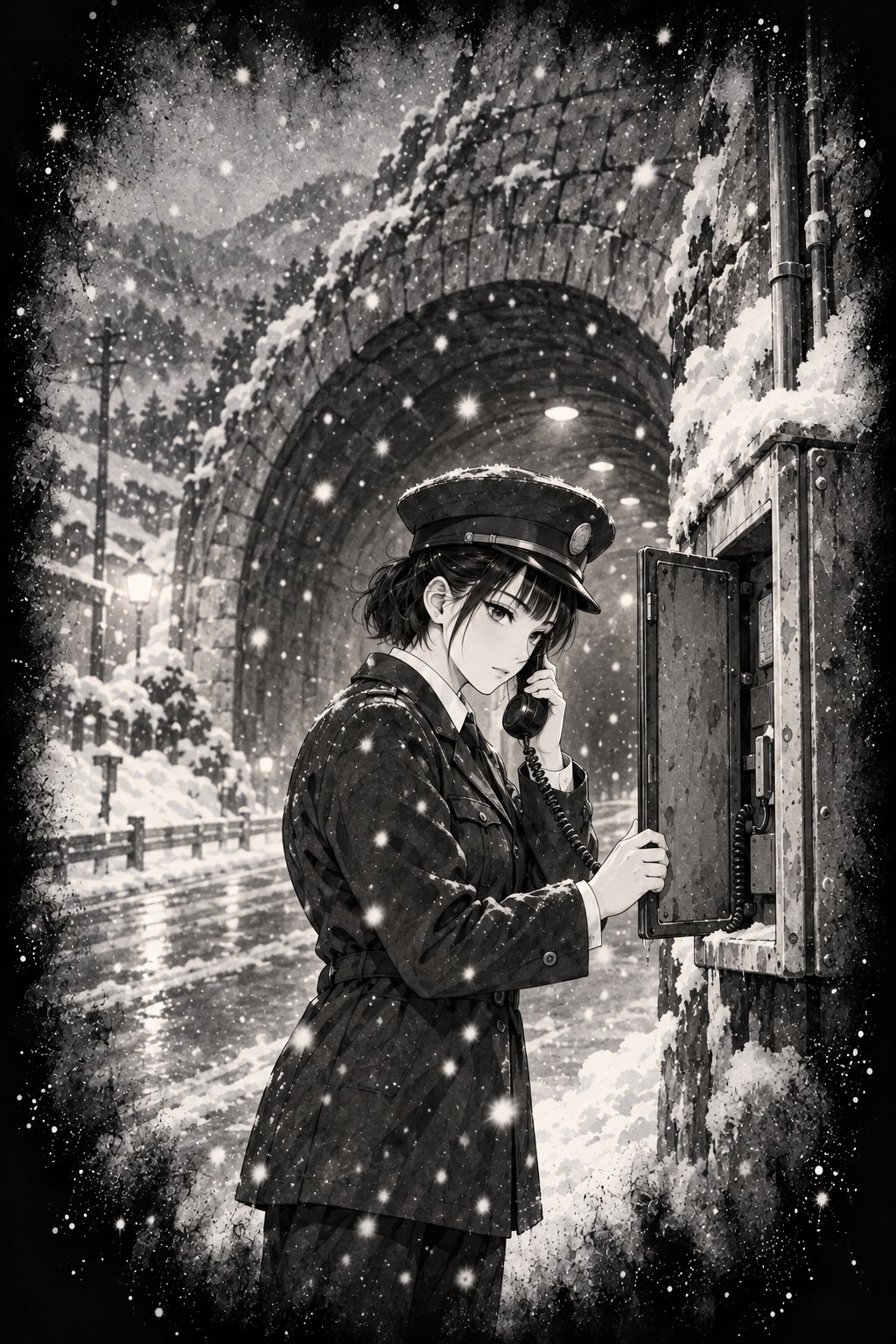回想。何十年も前の雪の夜。若い女性の運転士が、トンネルの入口の小さな箱を開け、受話器を耳に当てている。