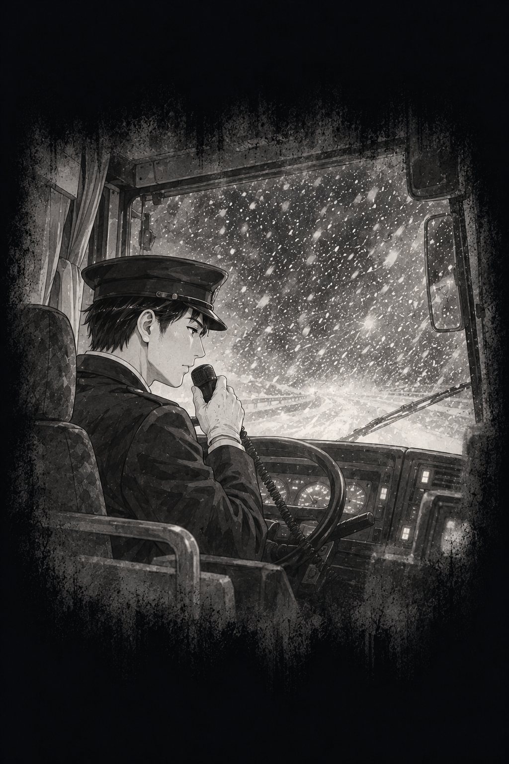 回想。暗い車内の前。制服の運転手が、運転席のマイクを口元に寄せて話している。前の窓の外は吹雪。