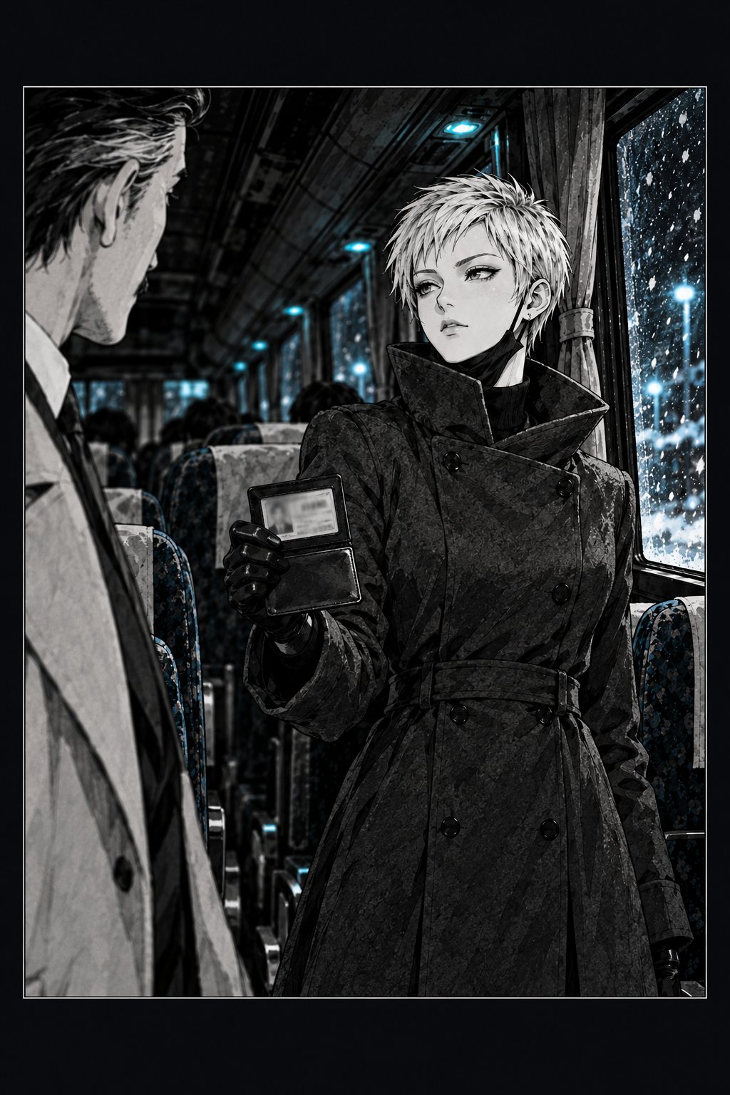 灰色のコートの女が立ち上がり、内ポケットから身分証の入った黒い手帳を開いて見せる。身分証の文字は読めない。