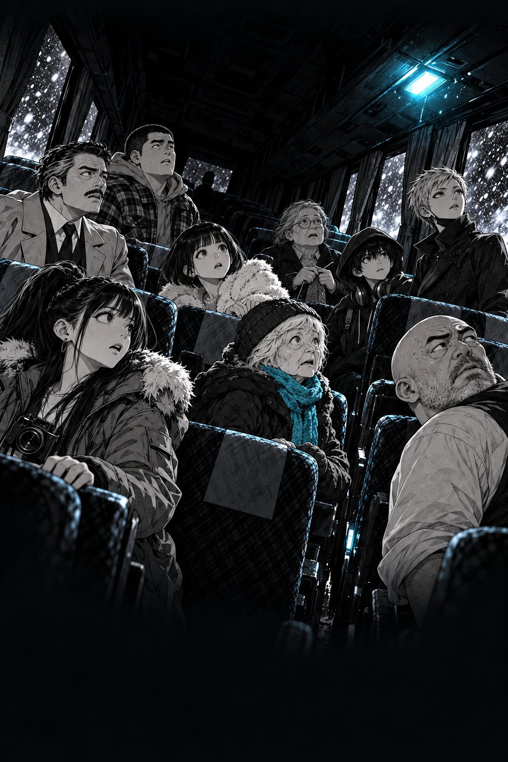 斜めに傾いた構図。車内の明かりが一斉に消え、乗客たちが暗闇の中で顔を上げる。最後の読書灯がちらつく。