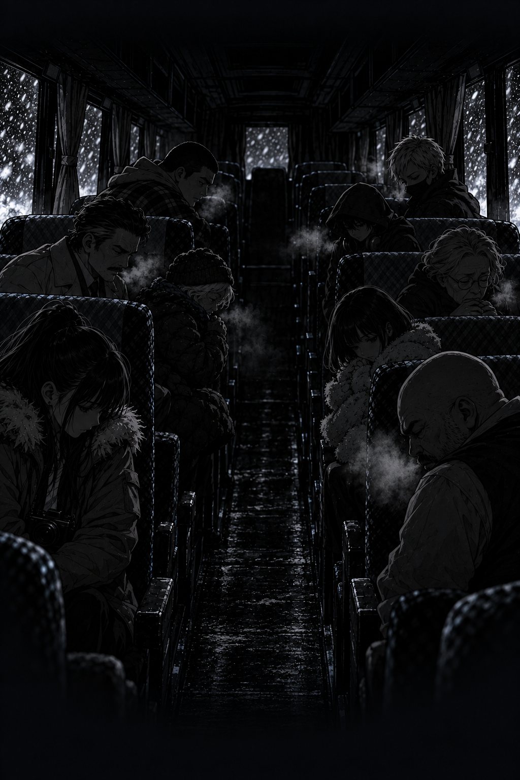 真っ暗な車内。息が白く見えはじめる。窓の外では雪が降り続いている。