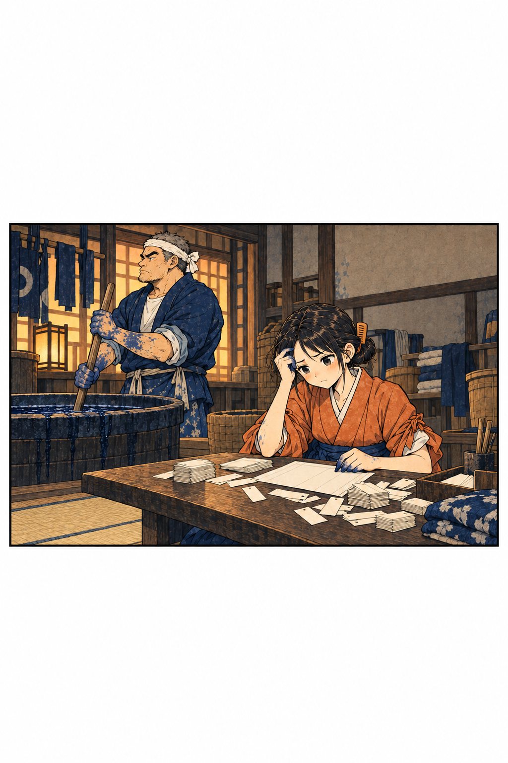 紺屋の板の間。紙の札の山に囲まれ、申告の紙を前に頭を抱える娘。奥で藍甕をかき回す父親がそっぽを向く。