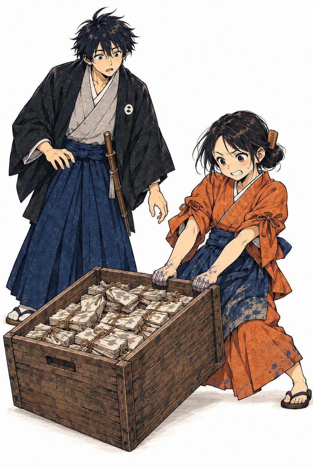 娘が奥から、紐で束ねた紙の札がぎっしり詰まった木箱を引きずり出す。若い男が目を見張る。