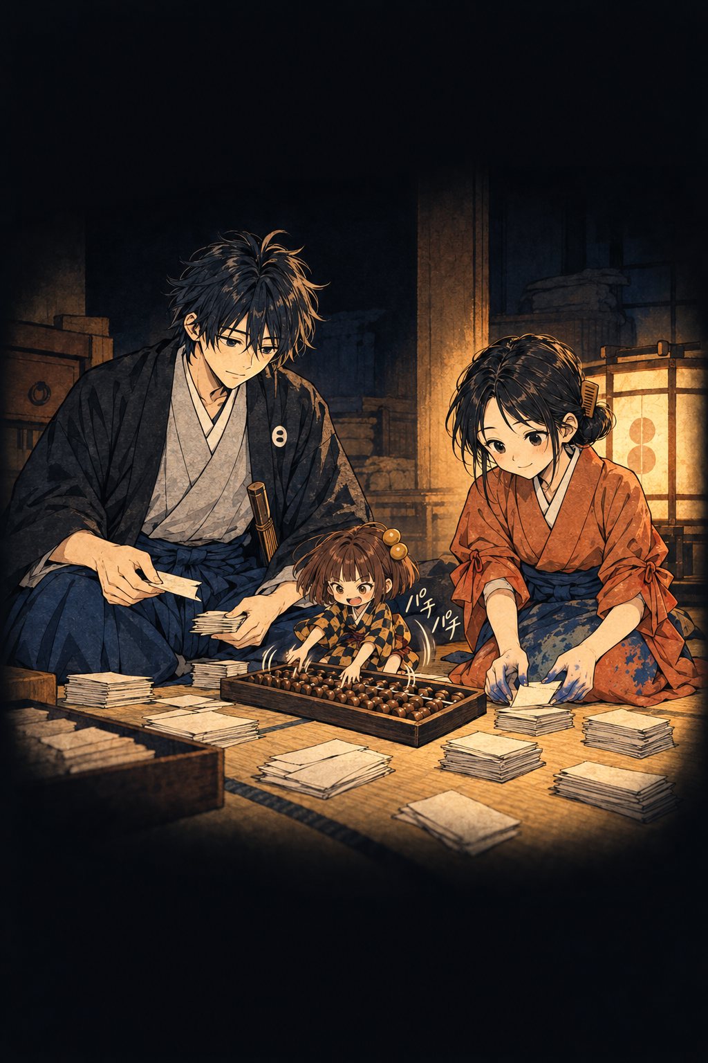 夜。行灯の下で、伊織とお糸が札を年ごとの山に分け、小さな付喪神が算盤をはじく。「パチパチ」の描き文字。