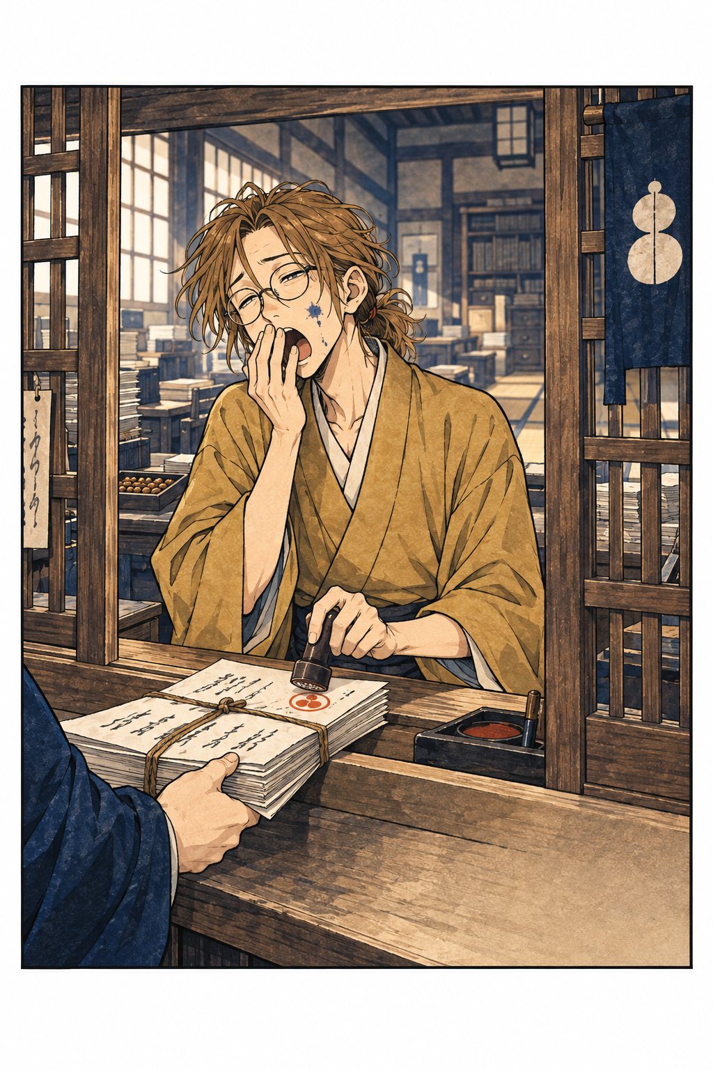 改め所の受付の格子窓。丸眼鏡のひょろ長い書役が、眠そうに紙の束を受け取り、判を押す。