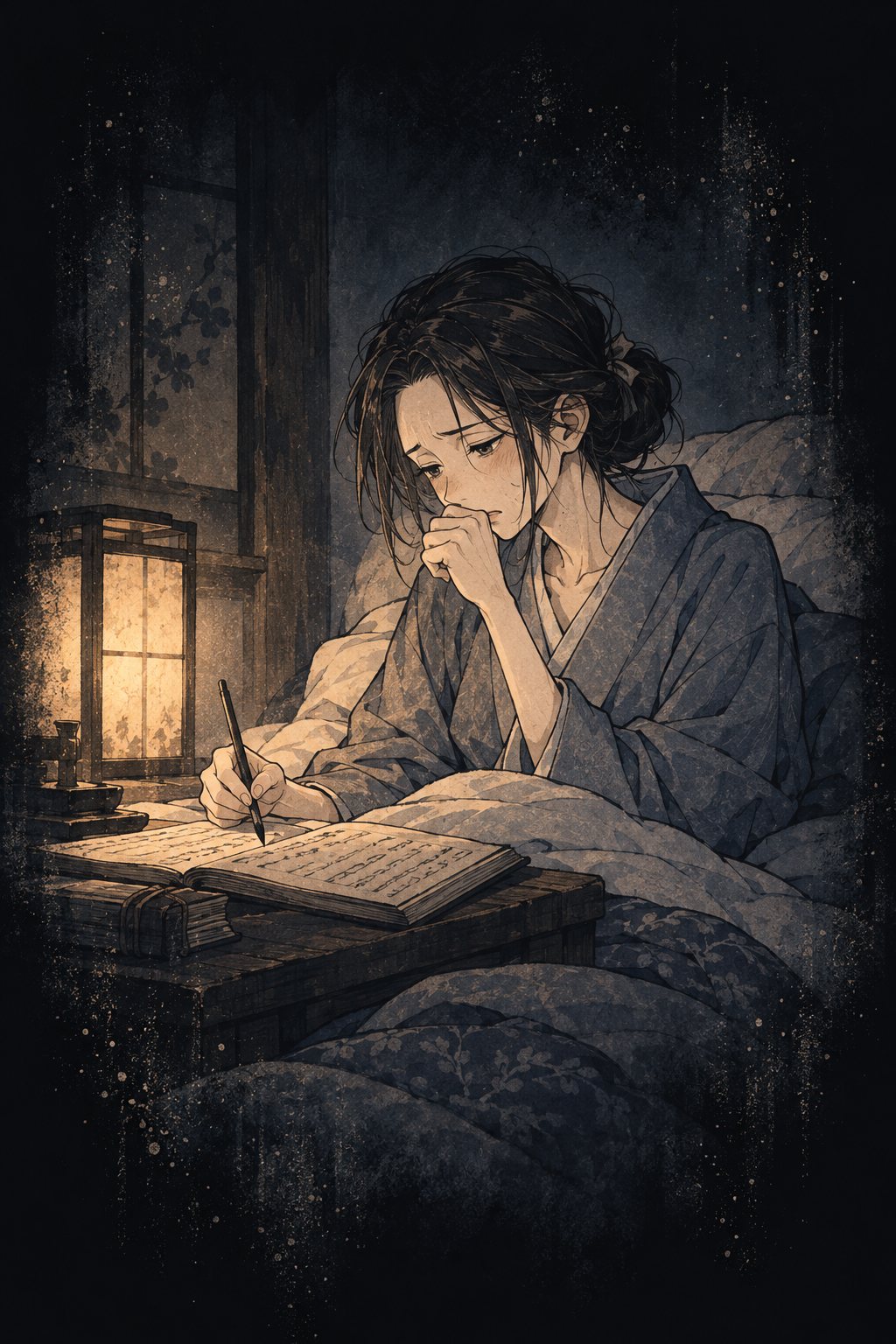 回想:行灯の下で、咳き込みながら帳に筆を走らせる、やつれた女。灰青色にかすんで消えていく。