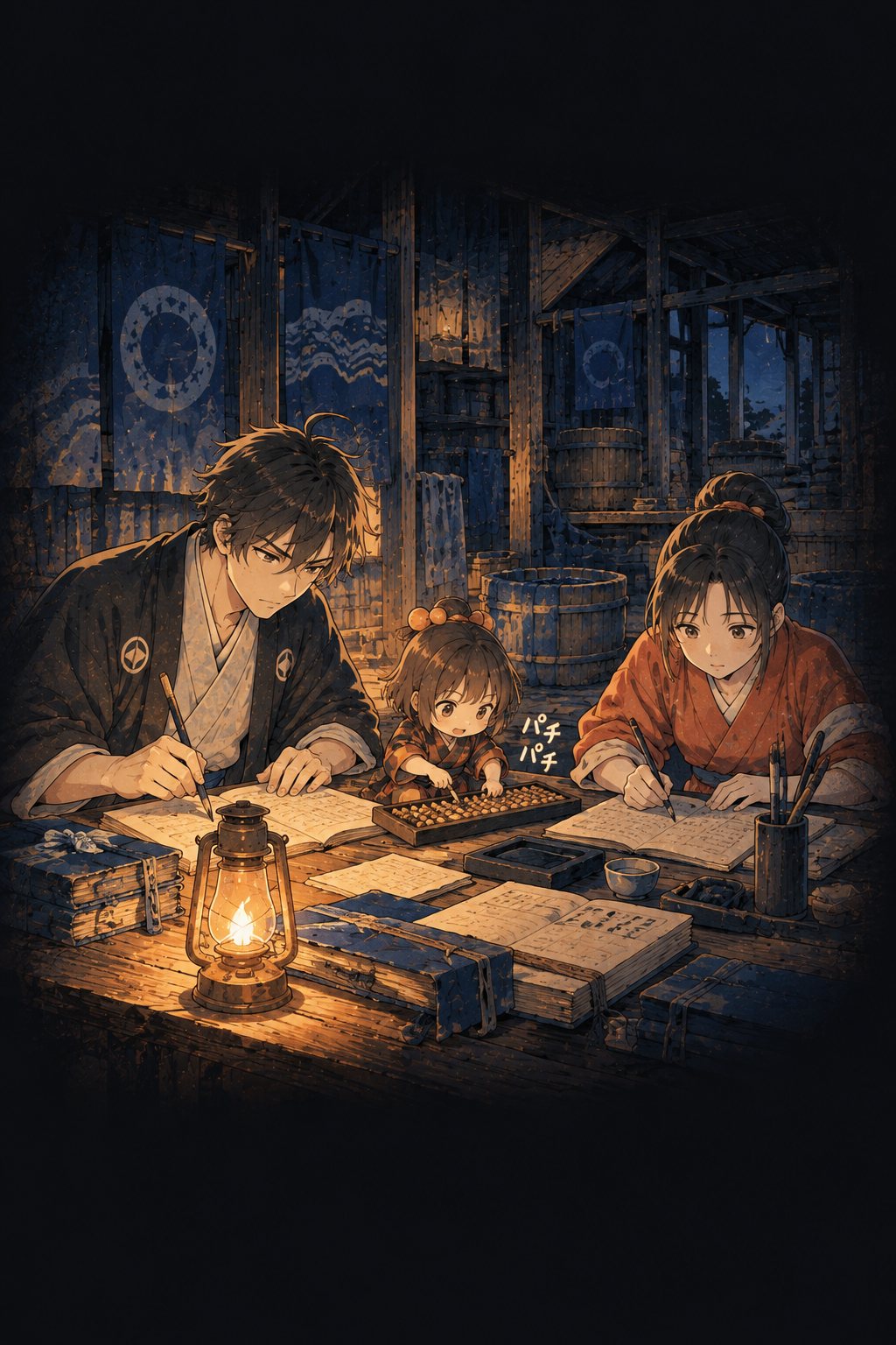 行灯の下で、伊織とお糸が古い大福帳と新しい紙を並べて書き写し、小さな付喪神が算盤をはじく。「パチパチ」の描き文字。