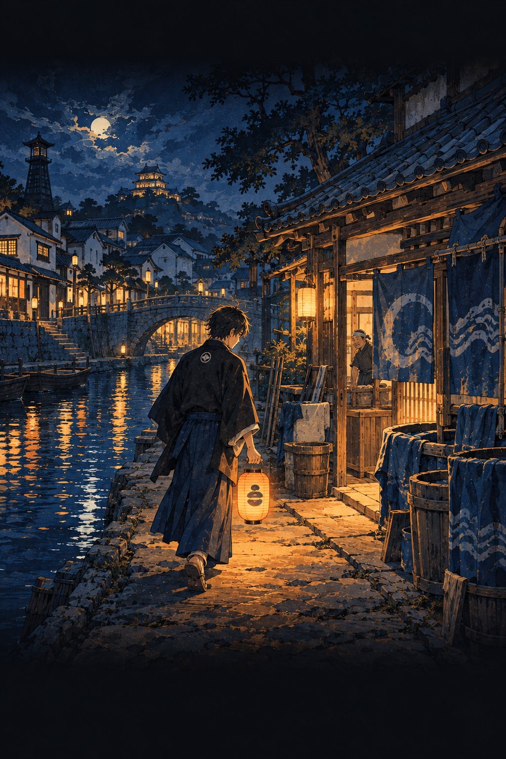 夜の掘割沿いの道。分銅の印の提灯を下げた男が、紺屋へ近づいてくる。