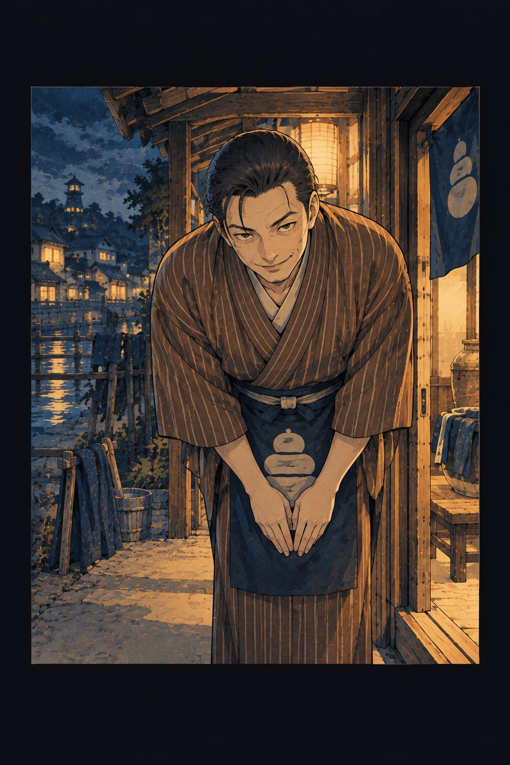 紺屋の戸口で、腰の低い中年の番頭が、にこやかに頭を下げる。目だけが笑っていない。