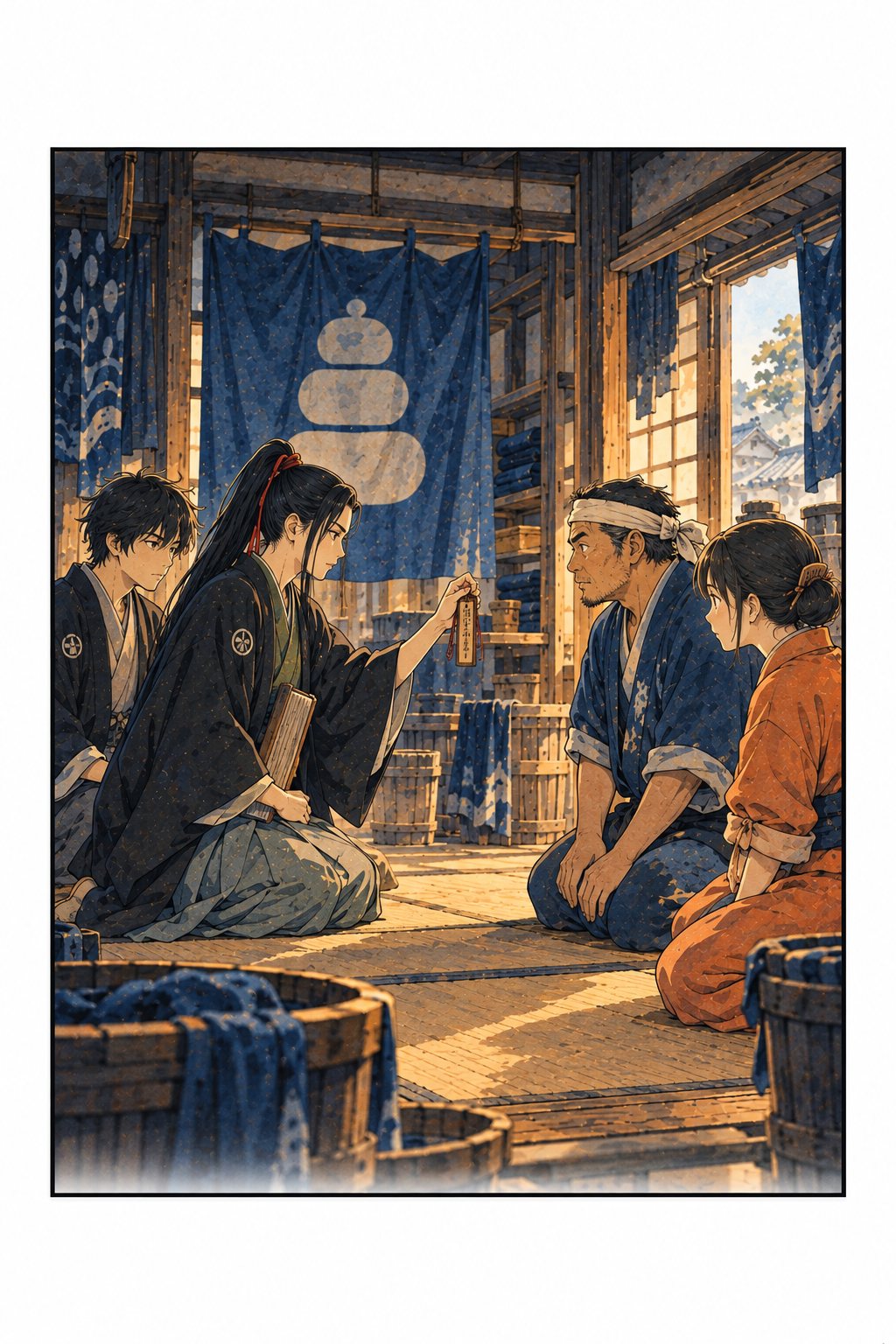 紺屋の板の間。志乃が焼き印の札を示し、宗吉とお糸が正座で向き合う。伊織は志乃の斜め後ろに控える。