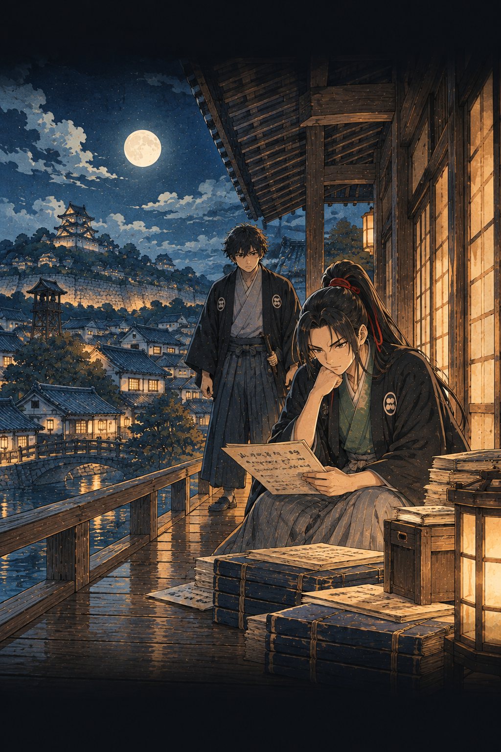 夜の改め所の縁側。月明かりの下、志乃が一人、升屋の帳の写しを見つめている。そこへ伊織が来る。