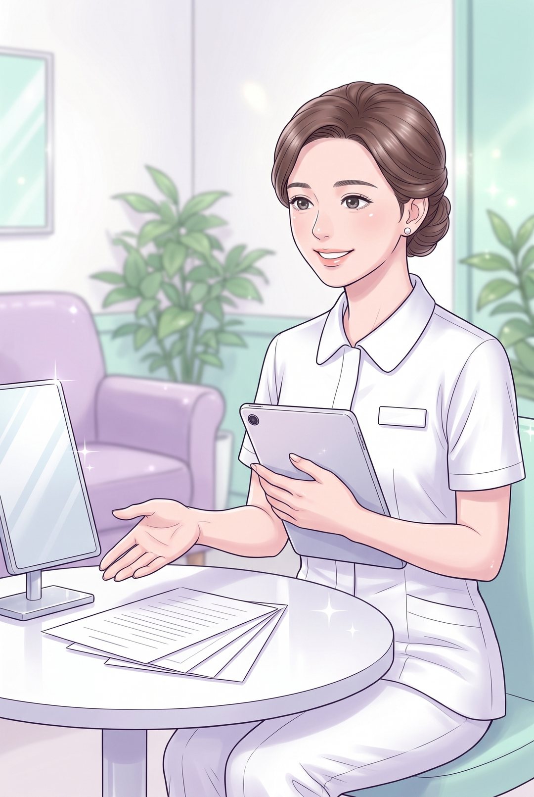 テーブルの向こうで、栗色のまとめ髪に白い制服の女性の相談の係が、タブレットを胸に抱え、片手を差し出して、完ぺきな笑顔で話しかける。