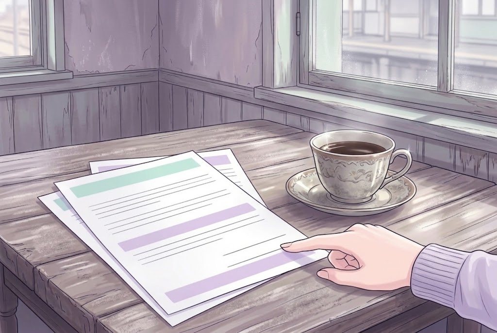契約の書面の上の、日付の欄を指す女性の人さし指の寄り(字は読めない)。横に冷めかけのコーヒー。