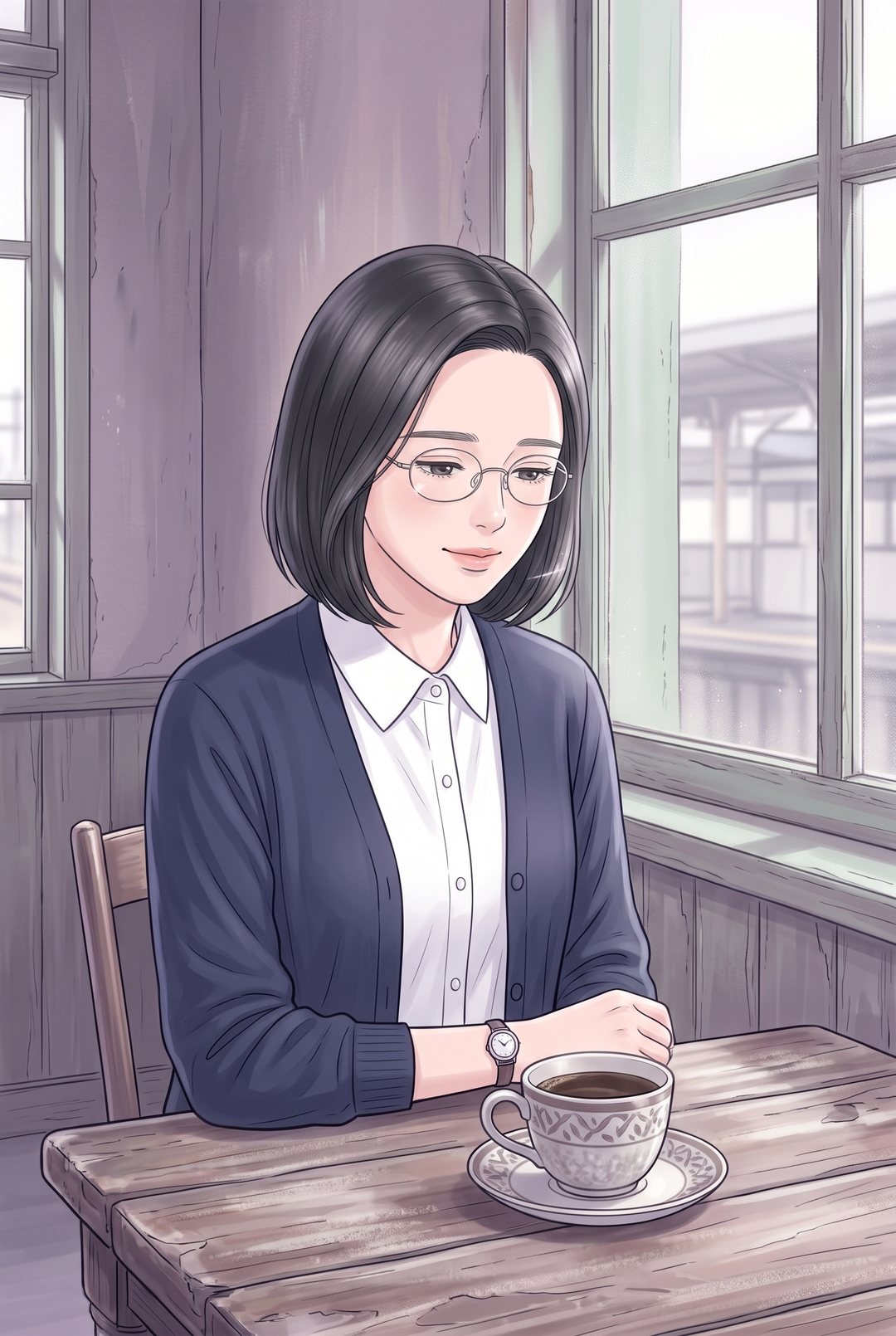 今の喫茶店。沙耶がコーヒーカップに目を落とし、少しだけ苦く笑う。