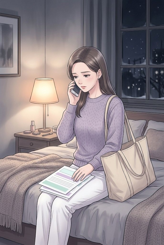 夜の小さな部屋。ベッドの端に座った茉莉が、スマホを耳に当てたまま、ひざの上の見積書の束を見下ろす。窓の外は冬の夜。