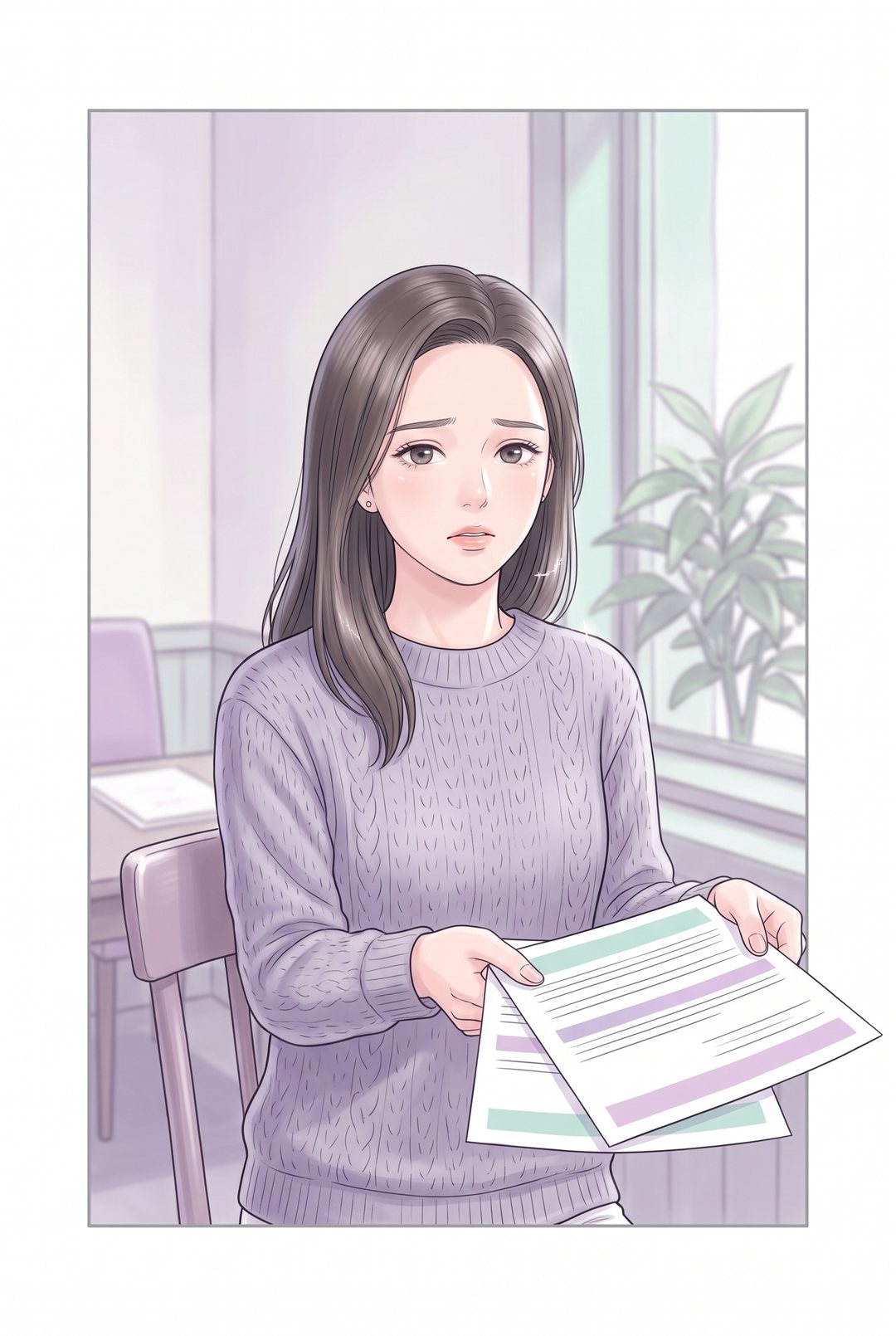 茉莉の寄り。二重と糸の2枚の見積書(字は読めない)を両手で前に差し出すように持ち、眉を寄せる。見積書が、絵の枠の右の線を越えて手前へはみ出す。