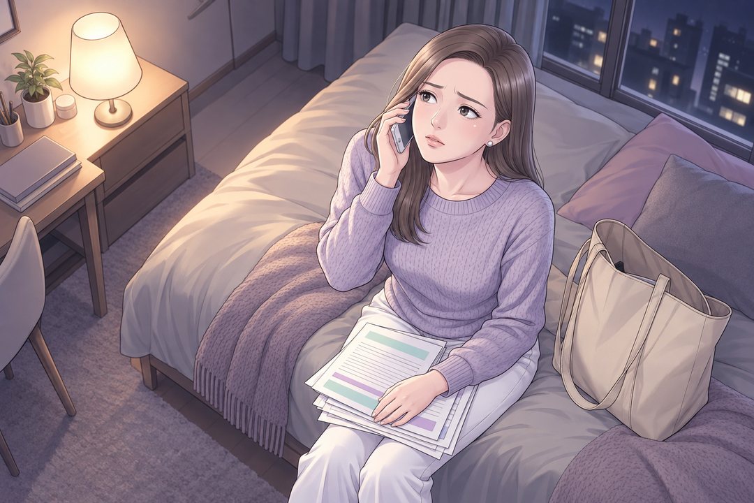 夜の小さな部屋。ベッドの端に座った茉莉が、スマホを耳に当てたまま天井を仰ぐ。ひざの上に見積書の束。