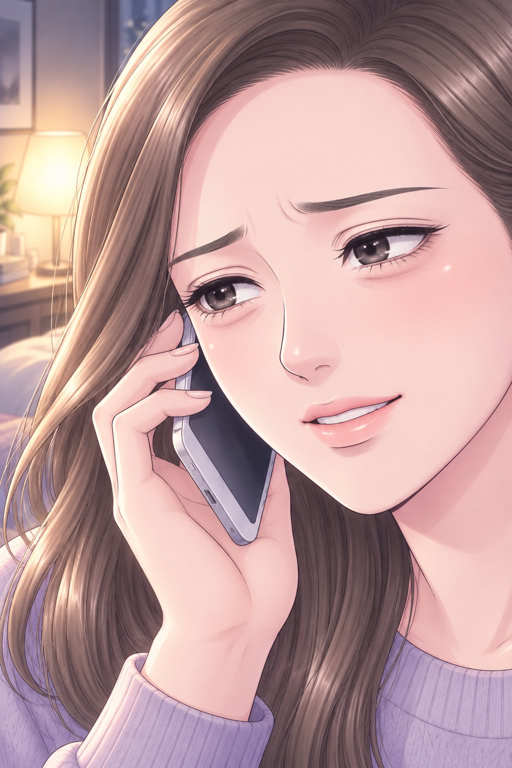 茉莉の顔の寄り。スマホを耳に当て、眉を下げたまま、口元だけで作り笑いをしている。