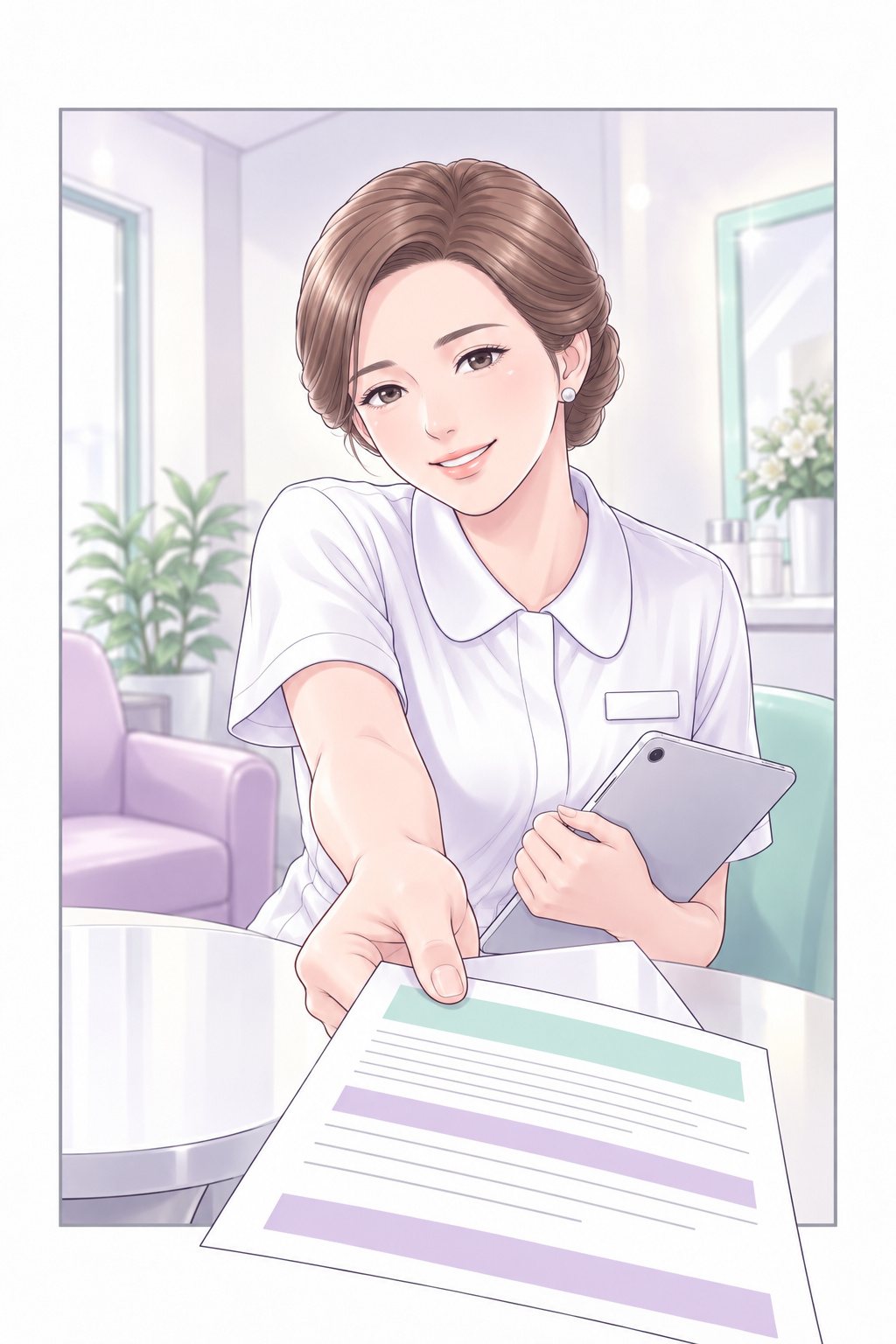 パールの白い相談室。栗色のまとめ髪の相談の係が、タブレットを胸に抱えたまま身を乗り出し、1枚の案内の紙を差し出してにこやかに話しかける。