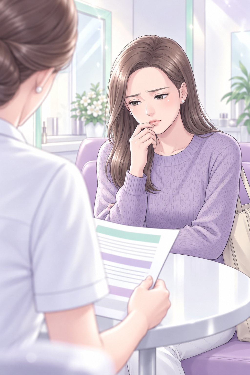 肩越しに、相談の係が差し出す案内の紙を見る茉莉。眉を寄せ、口元に指を当てる。手前に係の肩がぼやけて大きく写る。
