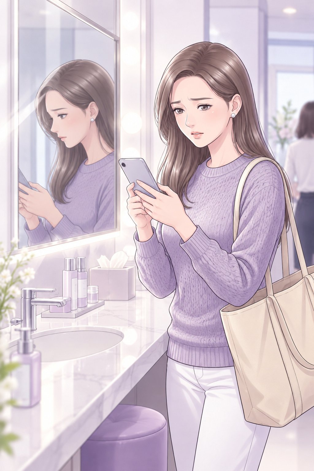 パールの白い化粧室。鏡の前で茉莉がスマホを打つ。鏡に、思いつめた横顔が映る。