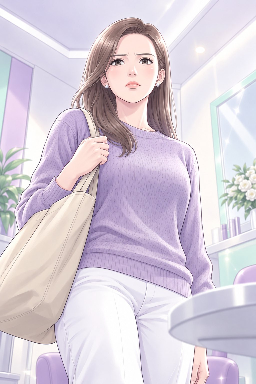 下から見上げた茉莉。トートバッグの持ち手を握りしめ、まっすぐ前を見る。