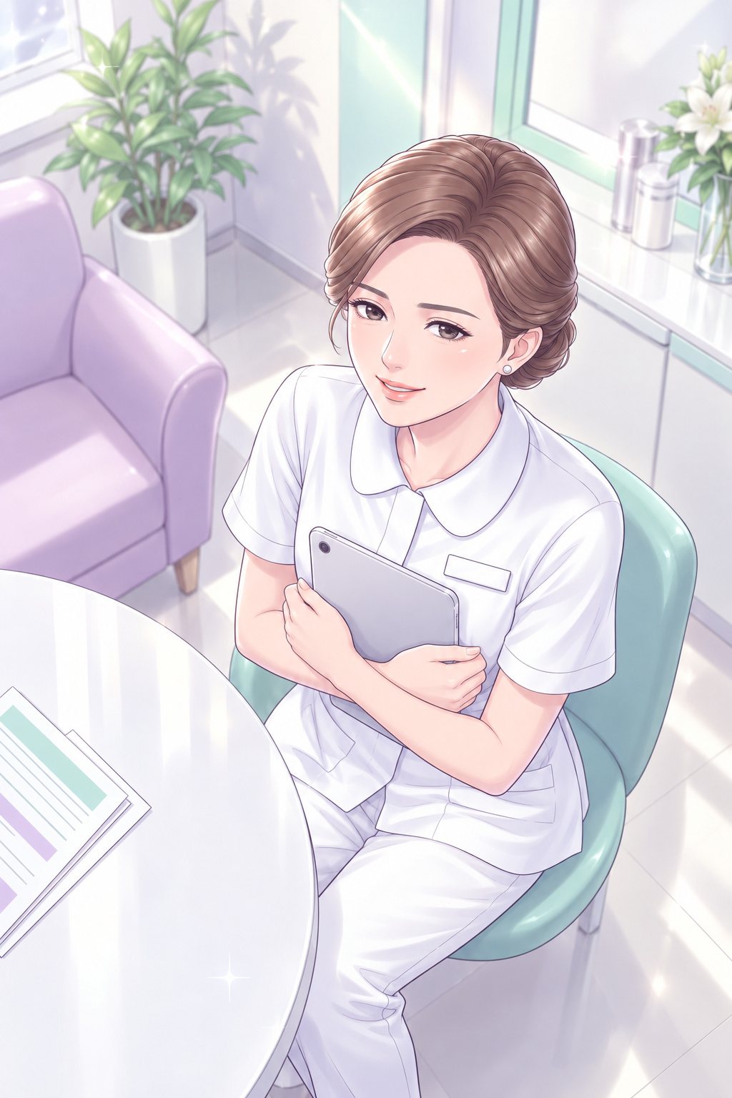 相談の係。タブレットを胸に抱え直し、笑顔のまま少し間を置く。