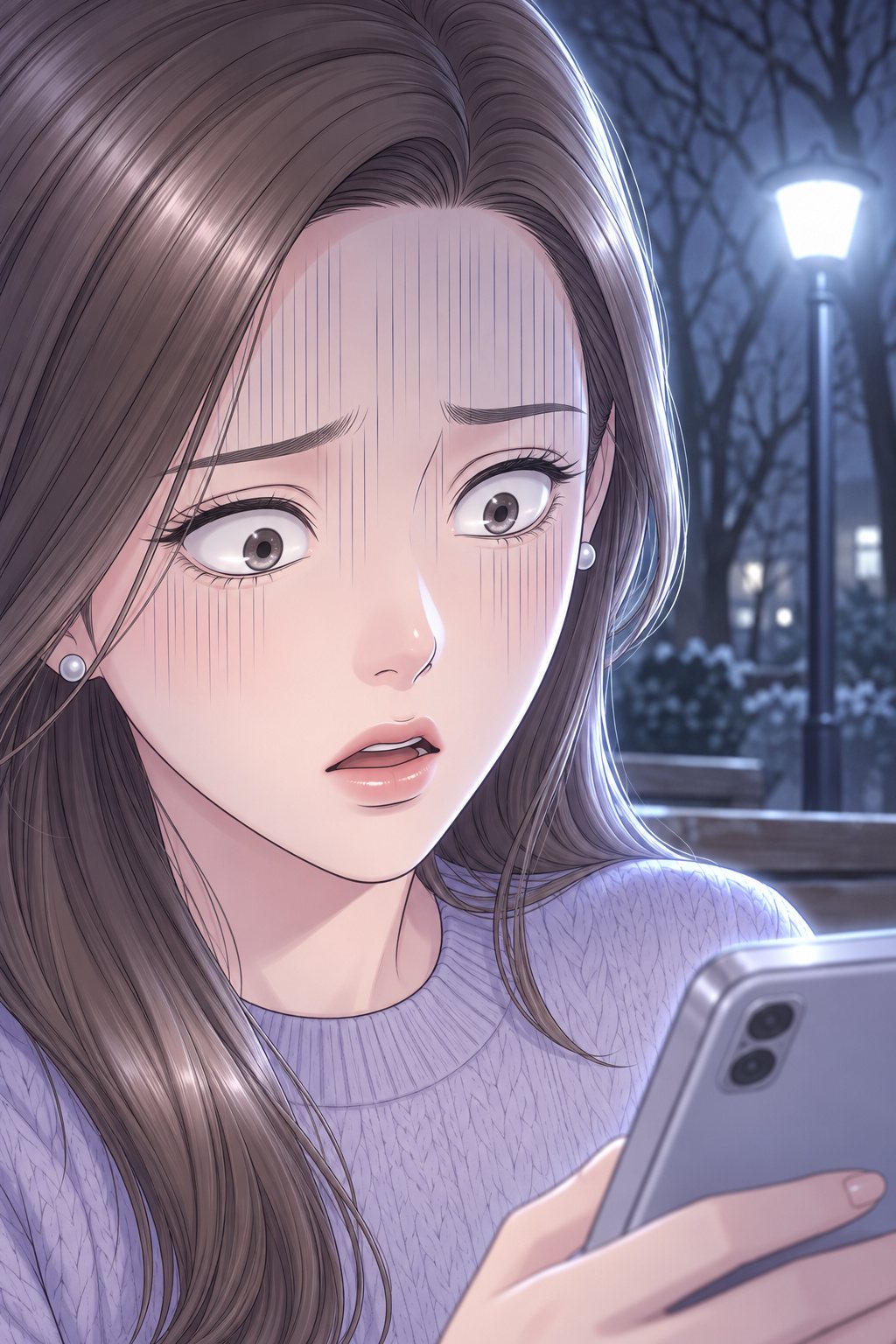 茉莉の顔の寄り。スマホの写真を見返し、目を見開いたまま固まる。顔に驚きの縦線。