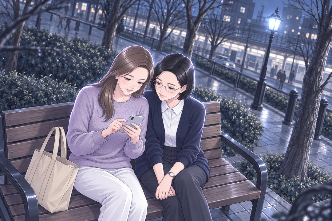 少し上から見たベンチ。茉莉がスマホに文字を打ち、隣の沙耶が肩を寄せてのぞき込み、うなずく。