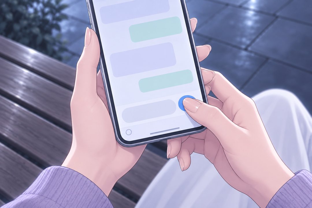 茉莉の親指が、スマホの送るボタンを押す寄り(画面の字は読めない)。