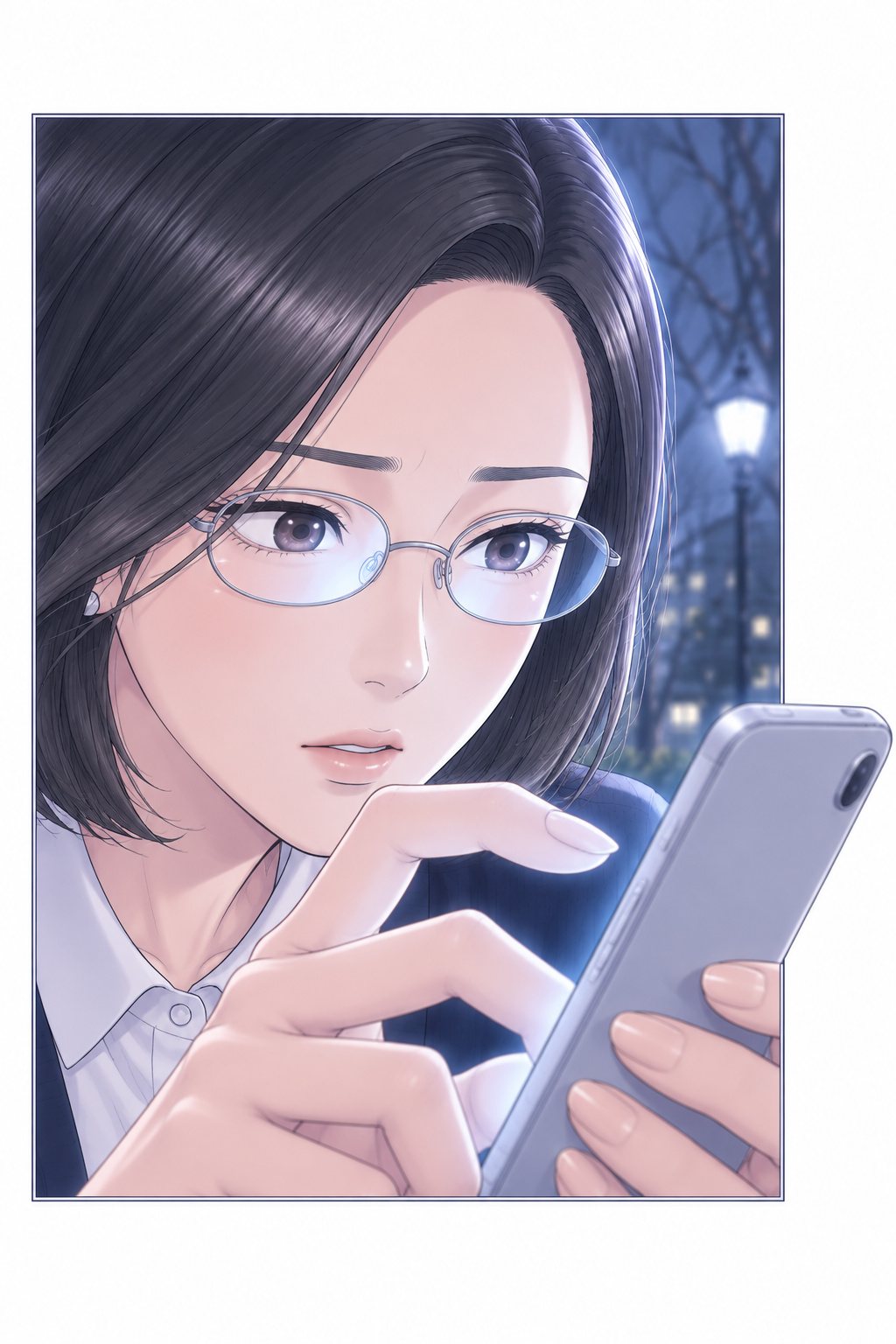 沙耶の目の寄り。スマホの写真を指で広げ、画面の光が眼鏡に映る。笑っていた口元がこわばる。