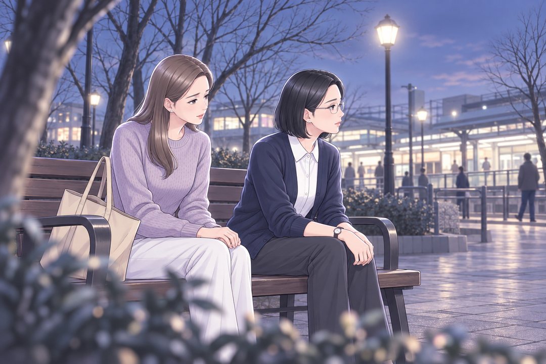 夕方の公園のベンチ。右の沙耶が駅の明かりの方へ目をそらし、左の茉莉がその横顔を見つめる。