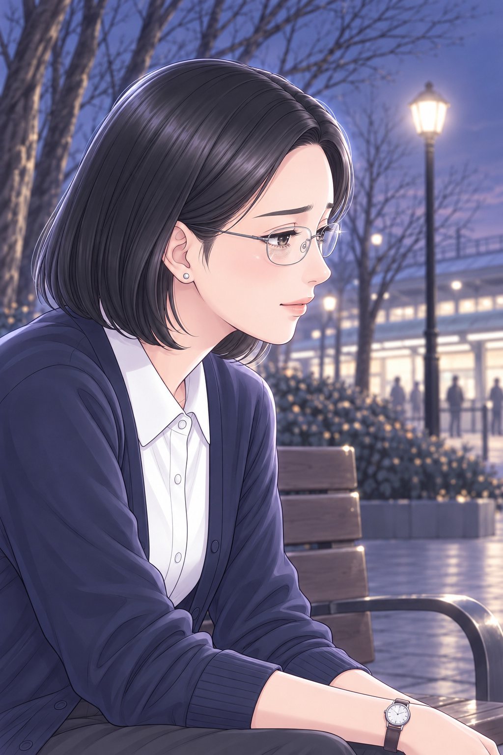 沙耶の横顔。冷たい夕方の光が髪の縁を照らし、少しだけ苦く笑う。