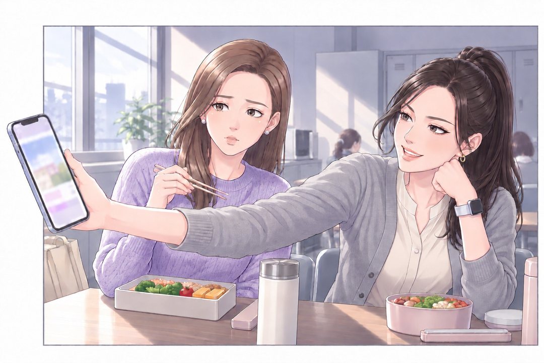 会社の休憩室。右の30代の女性の先輩が、得意げに笑ってスマホの画面を茉莉に見せる。左の茉莉はお弁当の箸を止める。