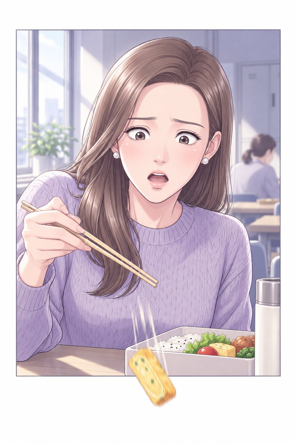 茉莉の顔の寄り。目を丸くして口を開け、お弁当の卵焼きが落ちる。