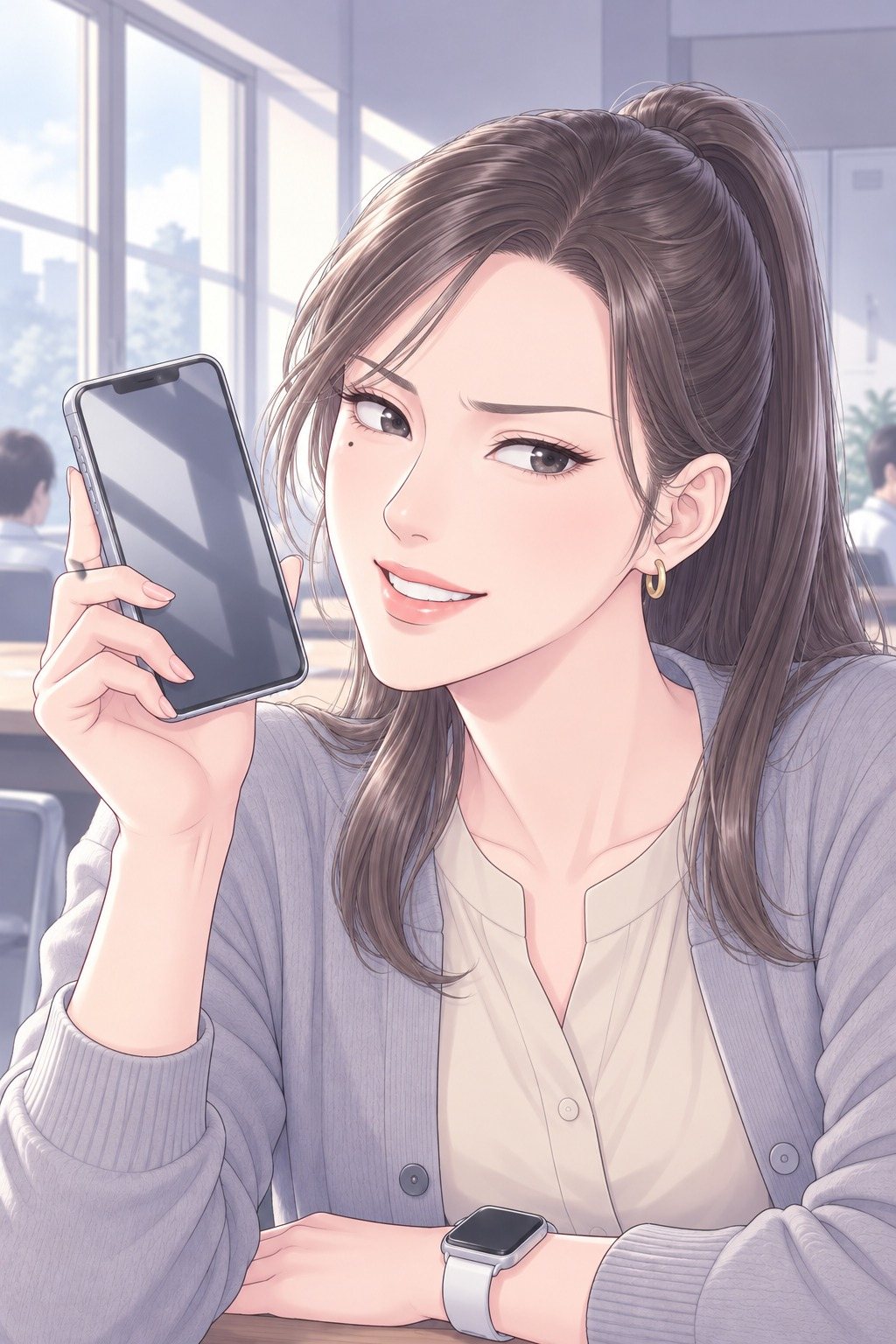 久保の寄り。スマホを顔の横に掲げて、片方の眉を上げてにやりと笑う。