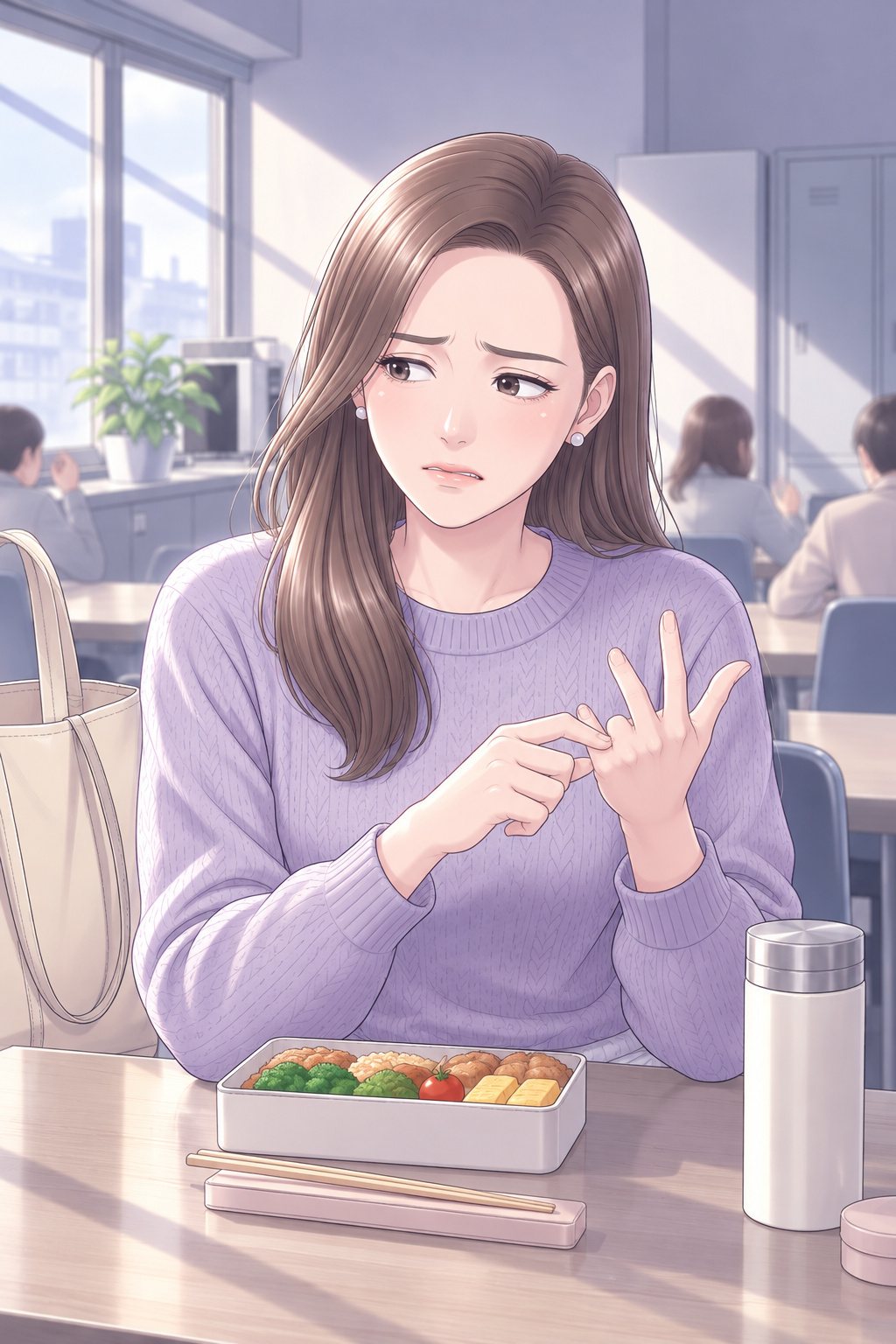 茉莉の寄り。指を折って数えながら、眉を寄せて横を見る。