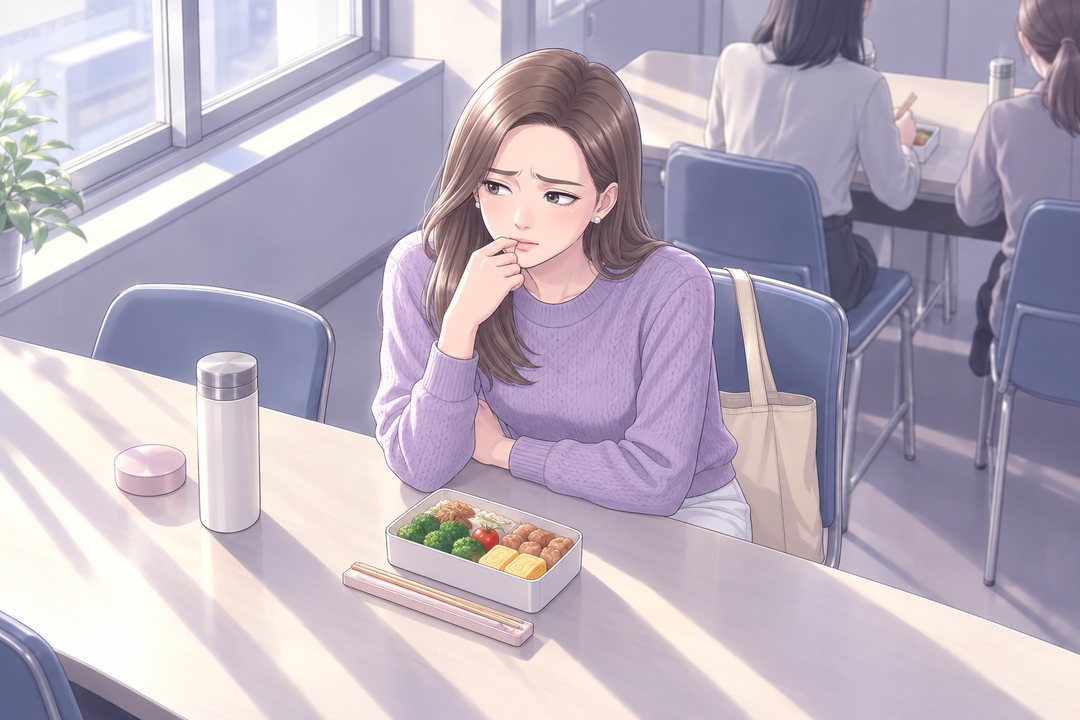 上から見た休憩室の茉莉。箸を置き、口元に指を当てて、横を見て考え込む。