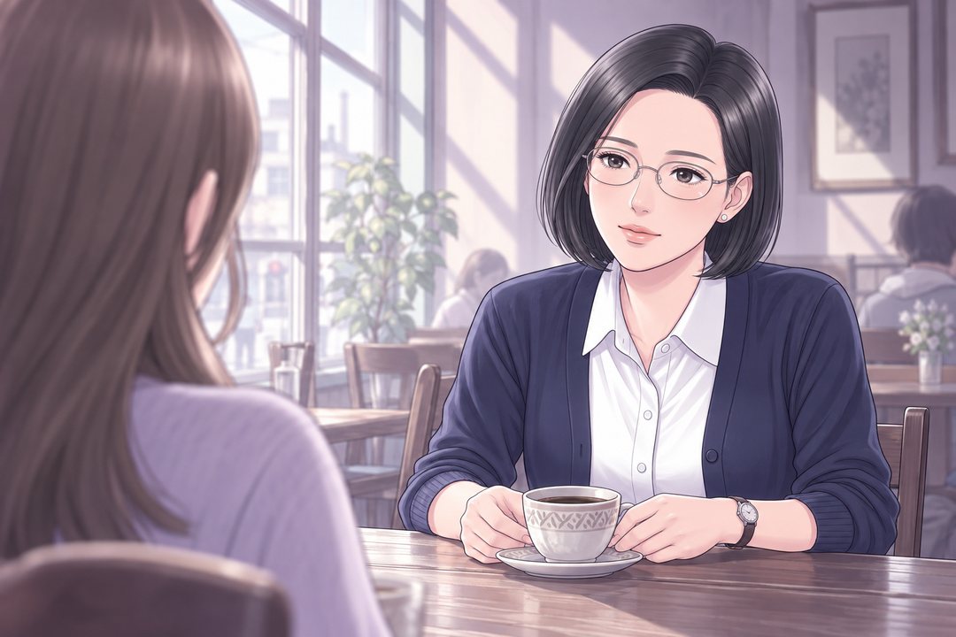 回想。くすんだラベンダーの喫茶店で、向かいの沙耶がコーヒーカップを置いて話す。輪郭が少しぼやける。