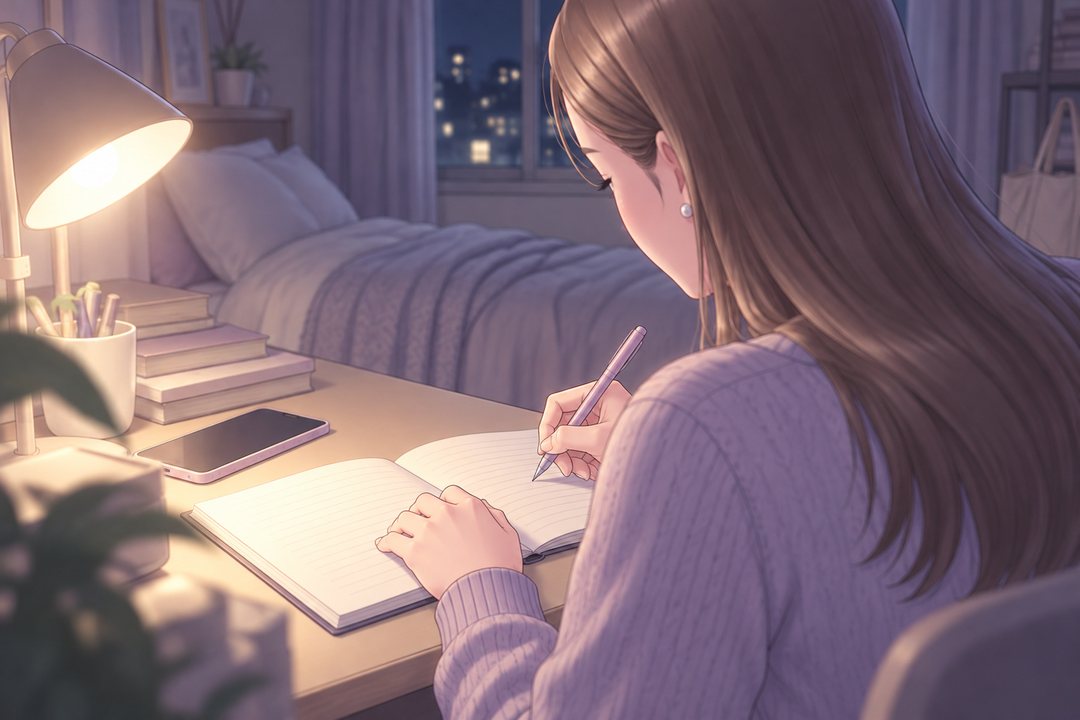 夜の小さな部屋。肩越しに、机のスタンドの灯の下でノートに書き込む茉莉。横にスマホ。