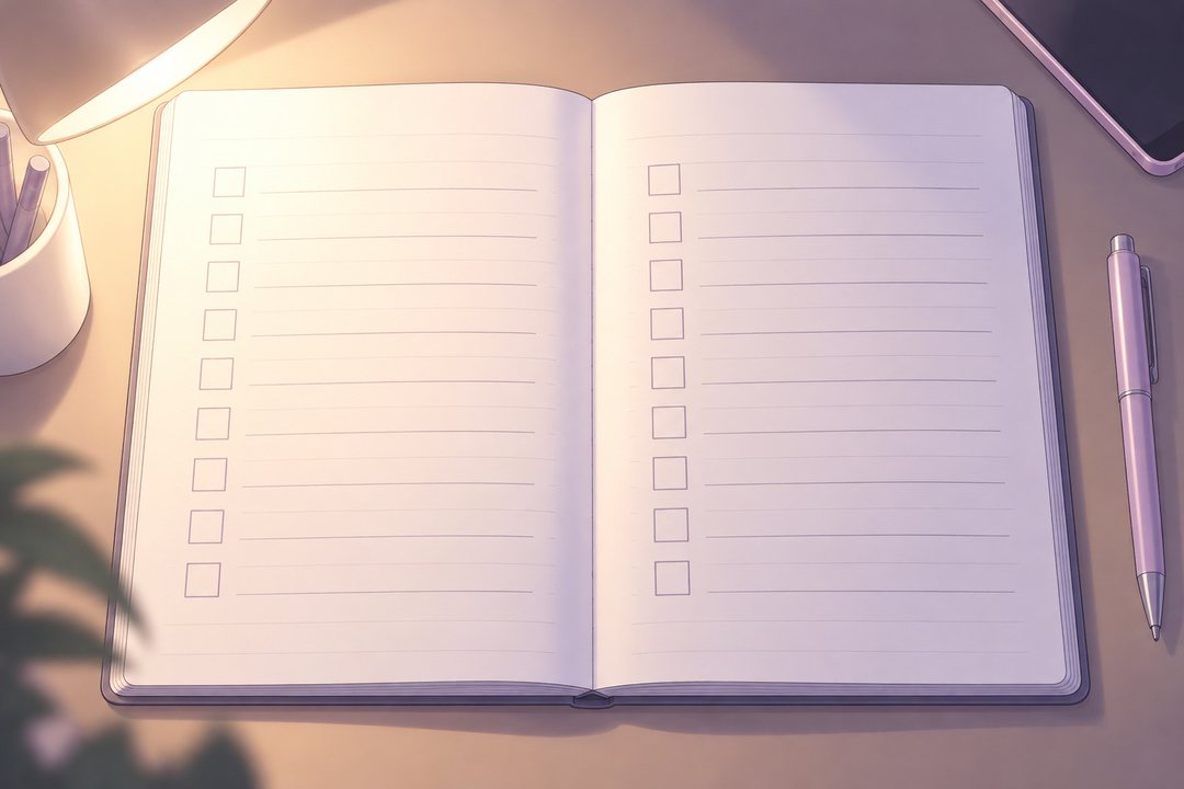 真上から見たノート。2つの列に線と四角が並ぶ（字は読めない）。横にペン。