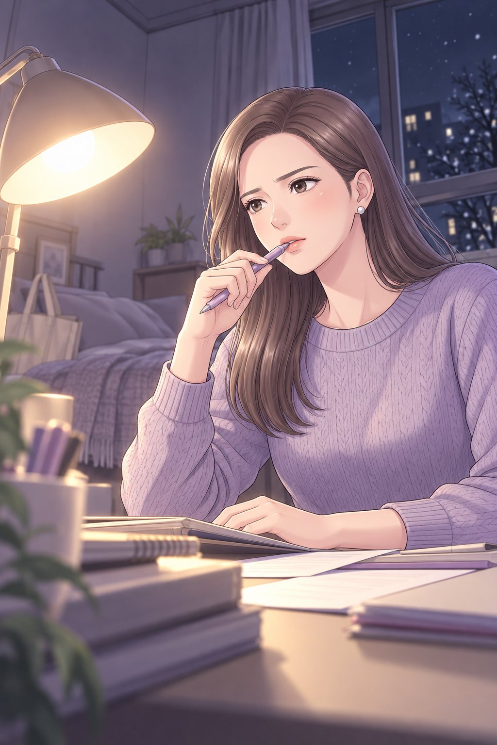 少し下から見た茉莉。ペンの端を口に当て、目を細めて決めた顔になる。スタンドの灯が頬に当たる。
