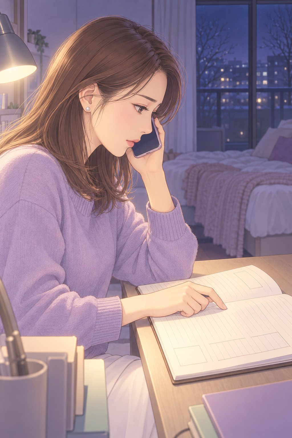 横顔の茉莉。机の前でスマホを耳に当て、ノートを指でなぞる。