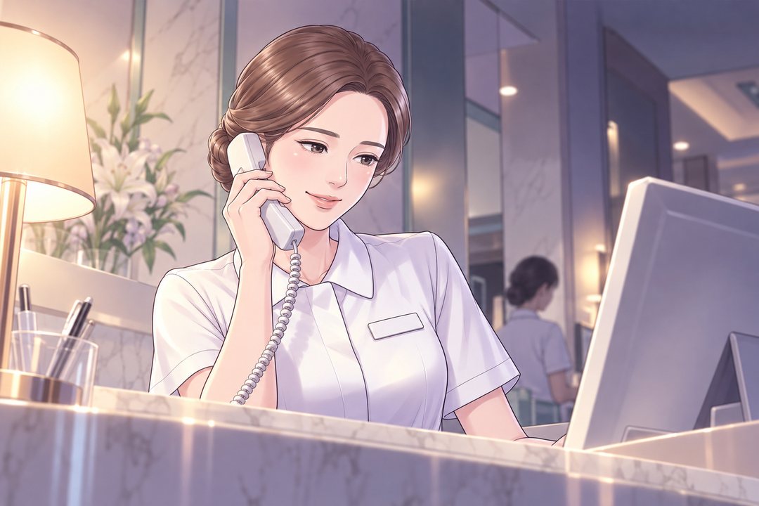 夜のクリニックの受付。相談の係が受話器を耳に当て、手元の画面を見ながらにこやかに答える。