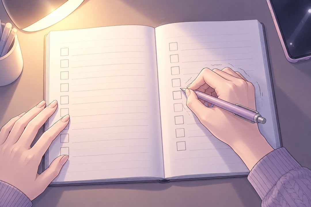 真上から見たノート。茉莉の手が、表の空いたますにペンで書き込む(字は読めない)。