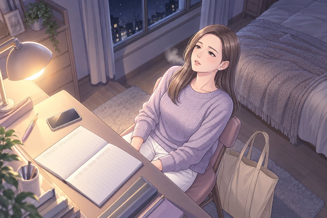 少し上から見た茉莉。椅子の背にもたれて大きく息を吐き、肩の力が抜ける。机にノートとスマホ。