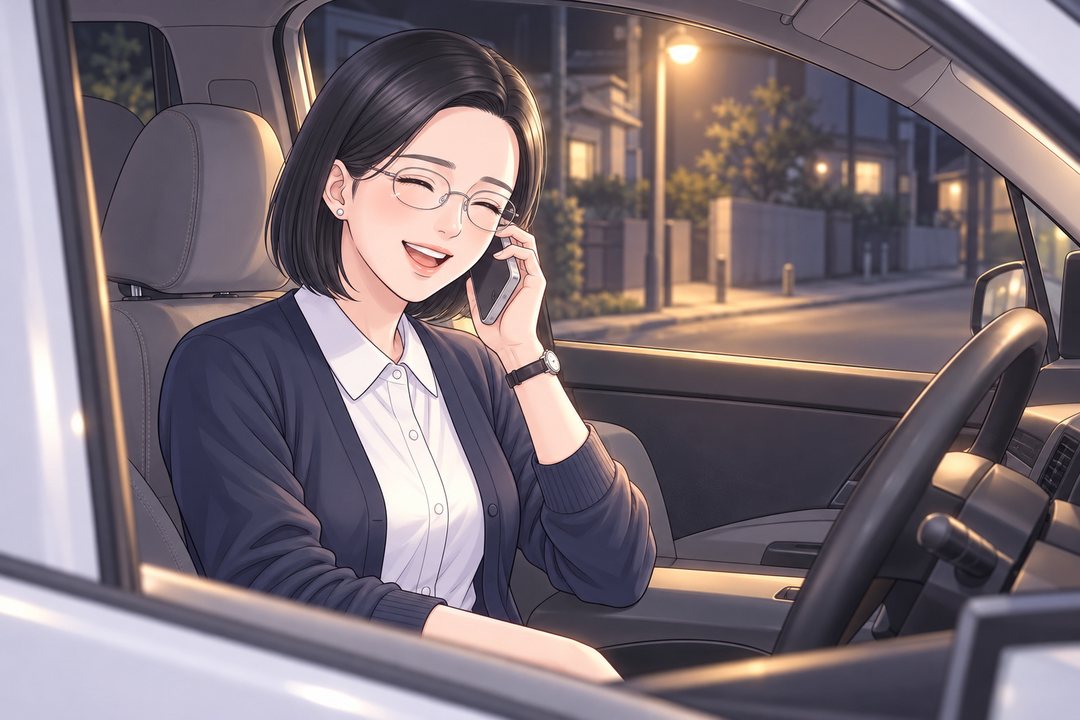 夜、道ばたに止めた小さな白い車の運転席。沙耶がスマホを耳に当てて笑う。街灯の光が車の中に差す。